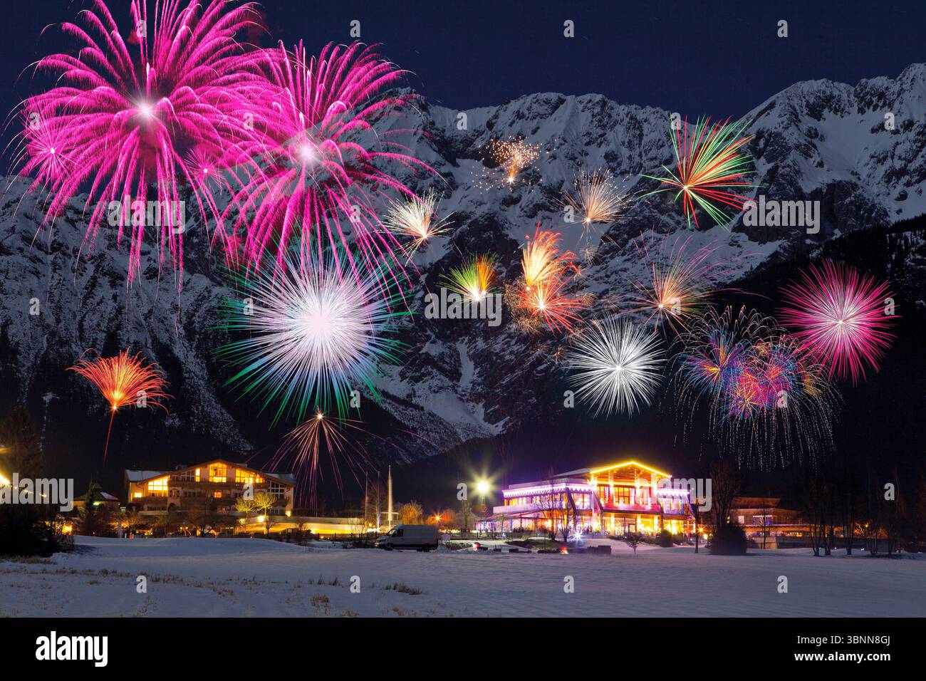 Austria, Tyrol, Mieming, New Year's Eve fireworks at Hotel Schwarz Stock Photo