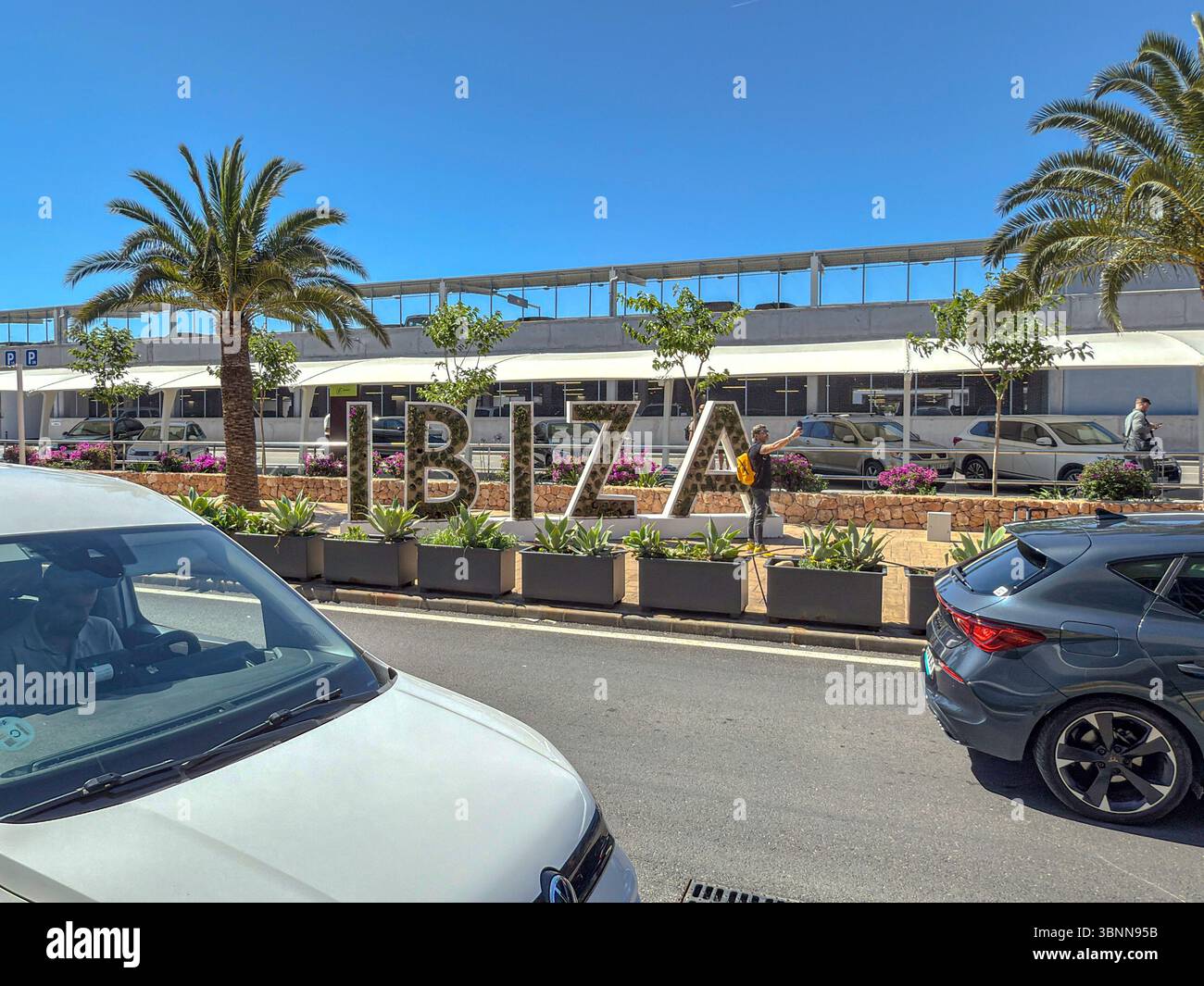 IBIZA Sign Outside Ibiza Airport – Iconic Arrival Landmark Welcoming Visitors to the White Isle - Smartphone Captured Stock Image