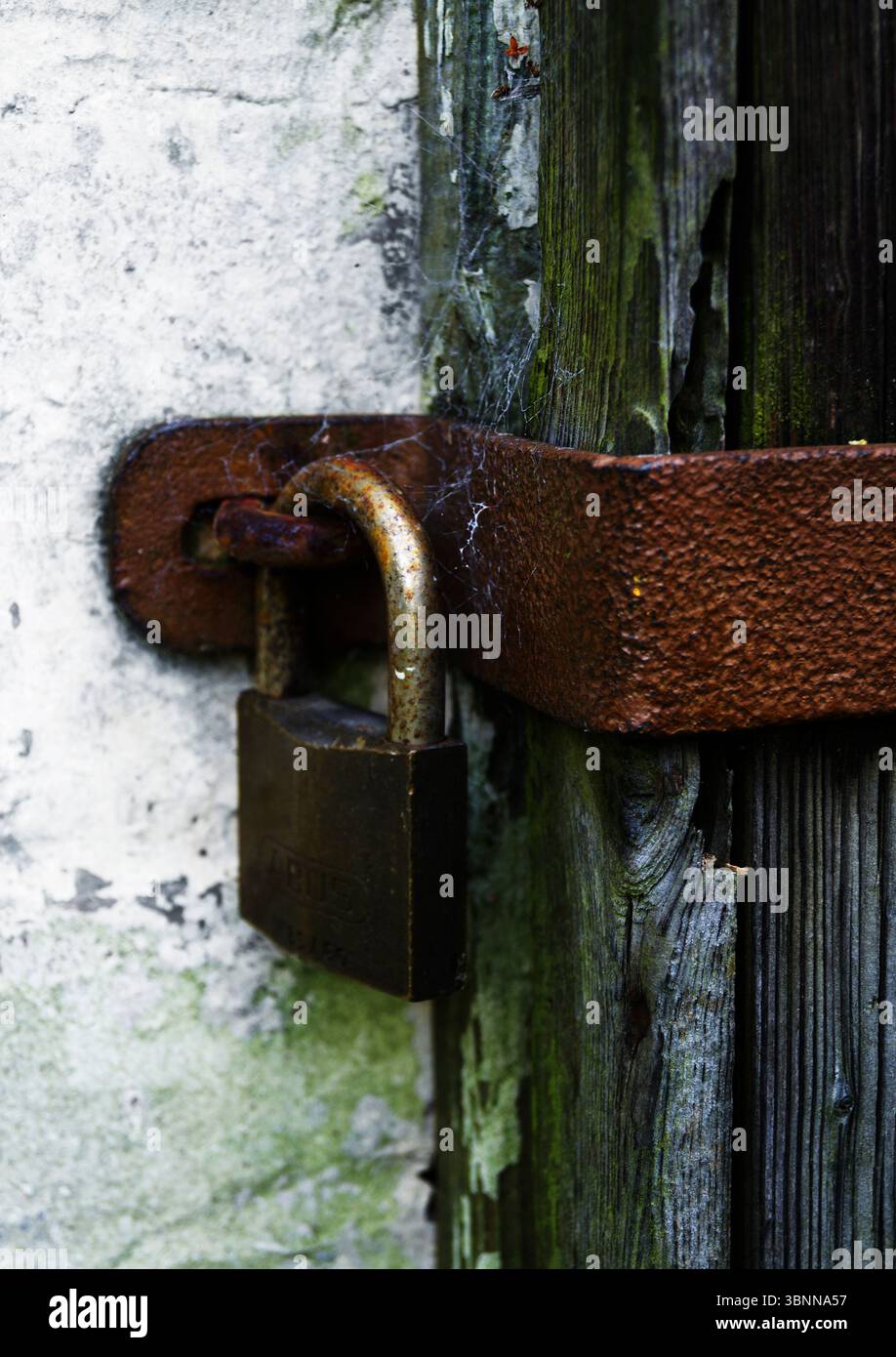A padlock on a wooden gate, deadbolt Stock Photo