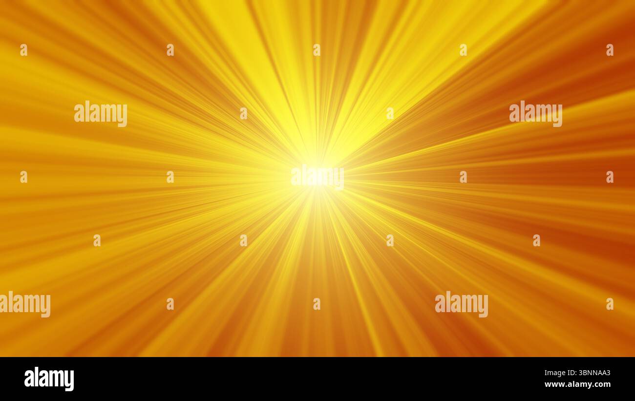 Bright yellow and orange starburst effect or light trails moving to infinity. Abstract high resolution full frame vibrant technology background. Stock Photo