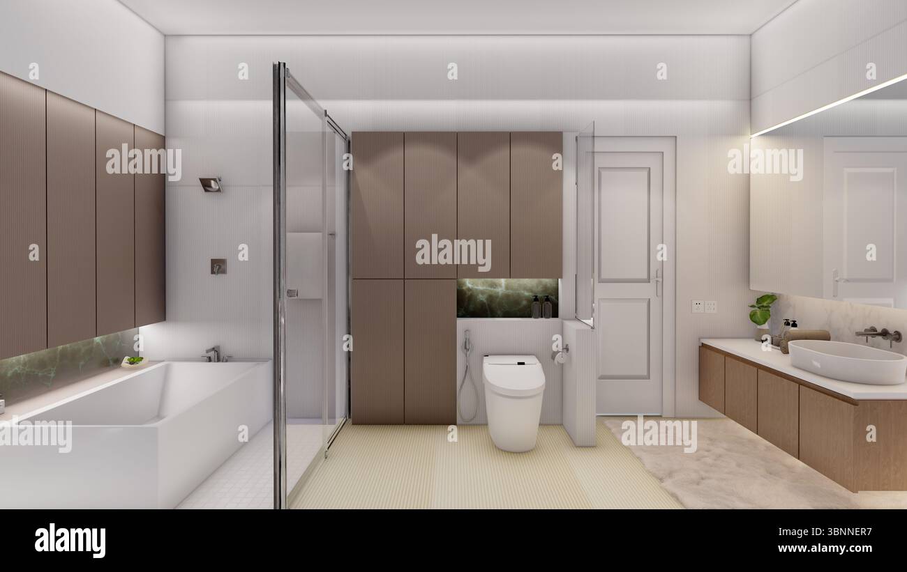 Contemporary Bathroom with Integrated Storage and Warm Tones Stock Photo