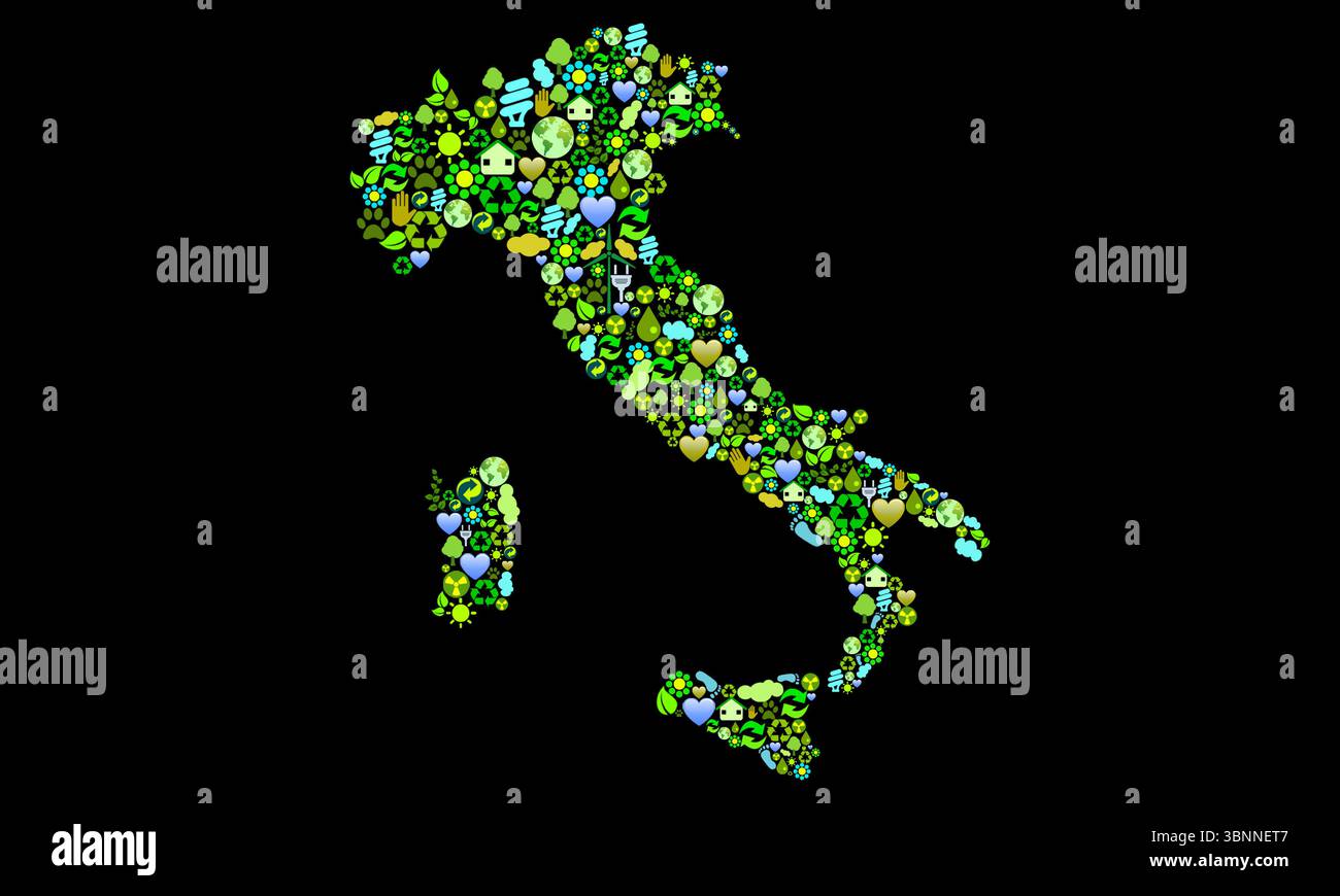 Italy map made with ecological symbols on dark background Stock Photo ...