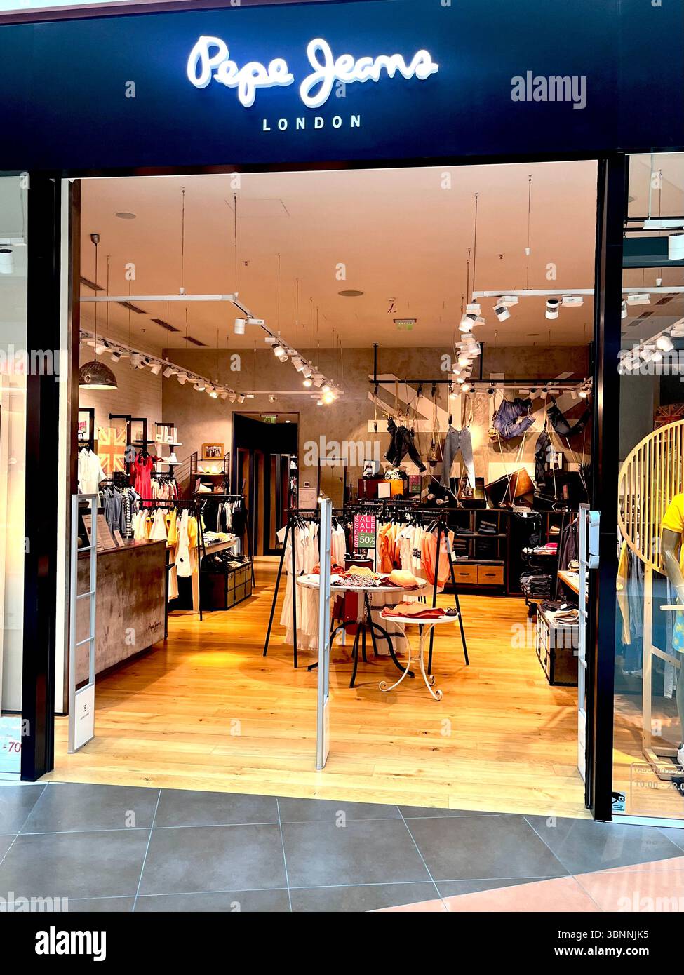 Pepe Jeans London fashion denim clothing brand shop in shopping centre in Sofia Bulgaria, Eastern Europe, Balkans, EU - Smartphone Captured Stock Image