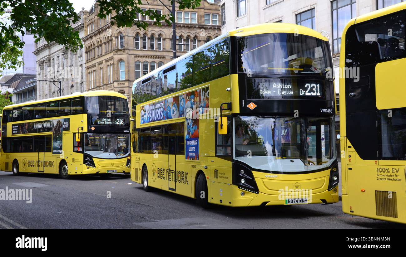 Bee Network buses in central Manchester, UK. A new report says Greater