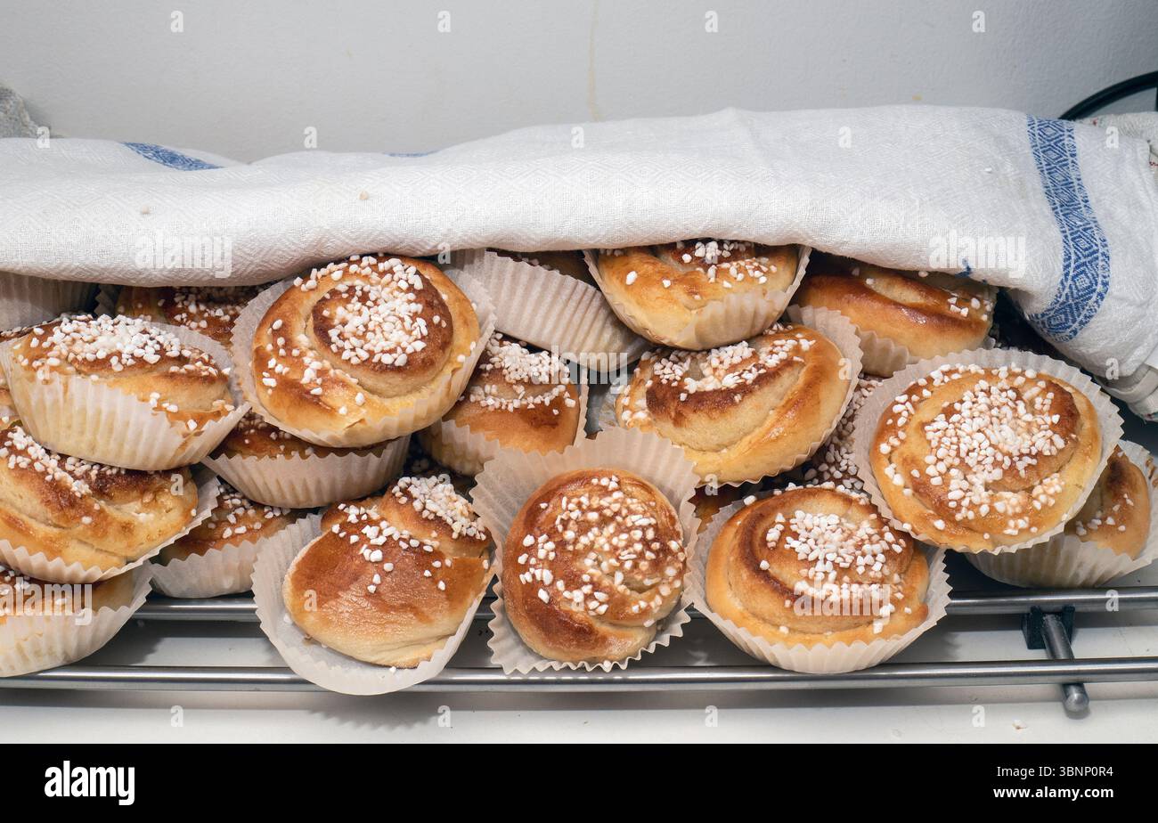 freshly baked buns cooling on a rack Stock Photo