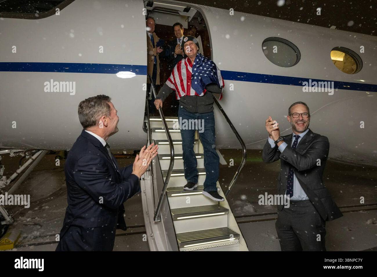 Marc Fogel arrives on U.S. soil after release from Russian prison, welcomed by officials. February 11, 2025. Image furnished by the White House. Stock Photo