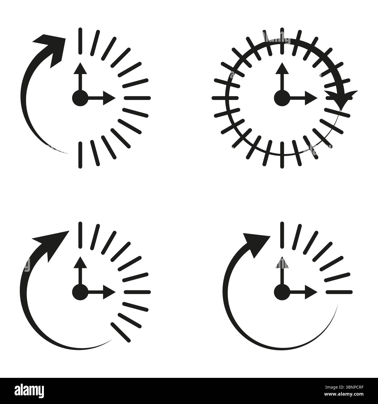 Clock progress icons. Radial gauge set. Time tracking Vector. Arrow cycle symbols. Stock Vector