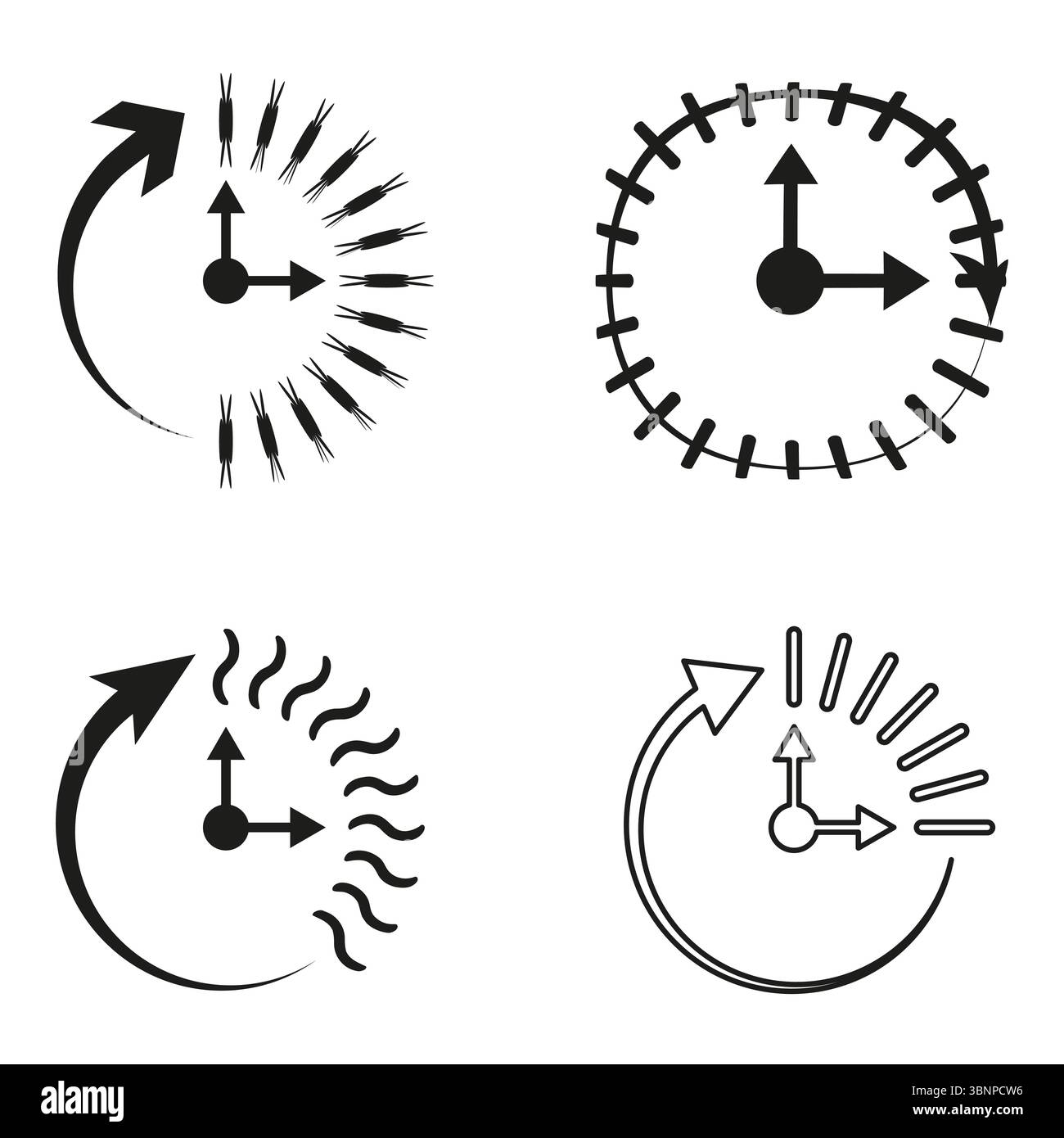 Cycle arrow icons. Clock motion set. Time loop Vector. Minimal contrast symbols. Stock Vector