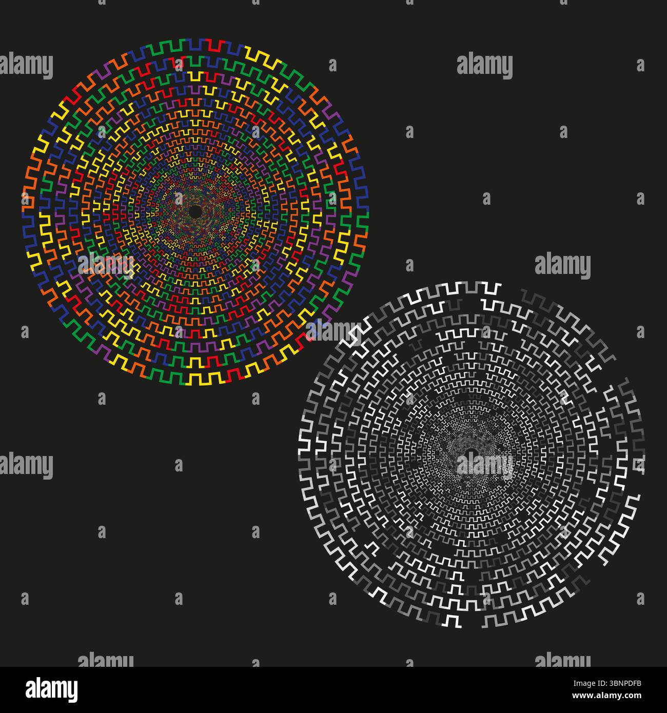 Particle sphere duo. Multicolor grayscale mix. Dynamic cluster Vector. Contrast circular pattern. Stock Vector