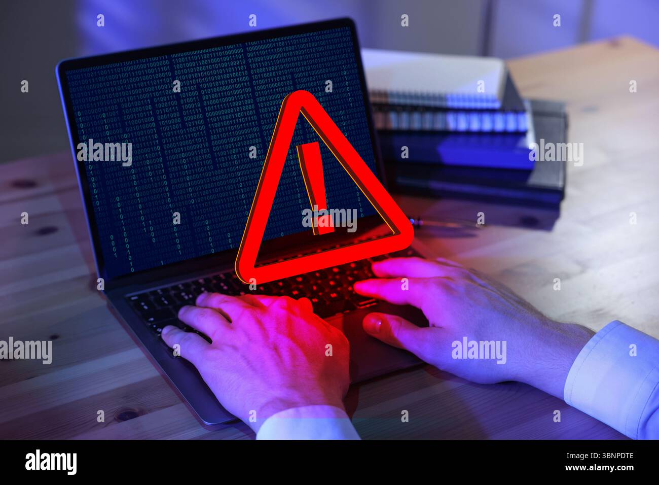 Cyber attack alert notification. Red warning sign on virtual screen ...