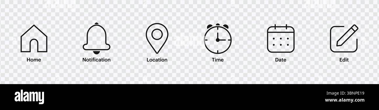 "App Icons - Home, Notification, Location, Time, Date, Edit" Stock Vector