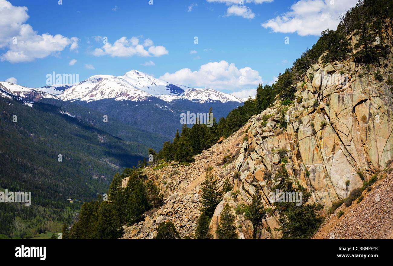 A rugged granite slope leads into pine-covered hills and snowy peaks near Silver Plume, Colorado. Clear skies frame this alpine view. Stock Photo
