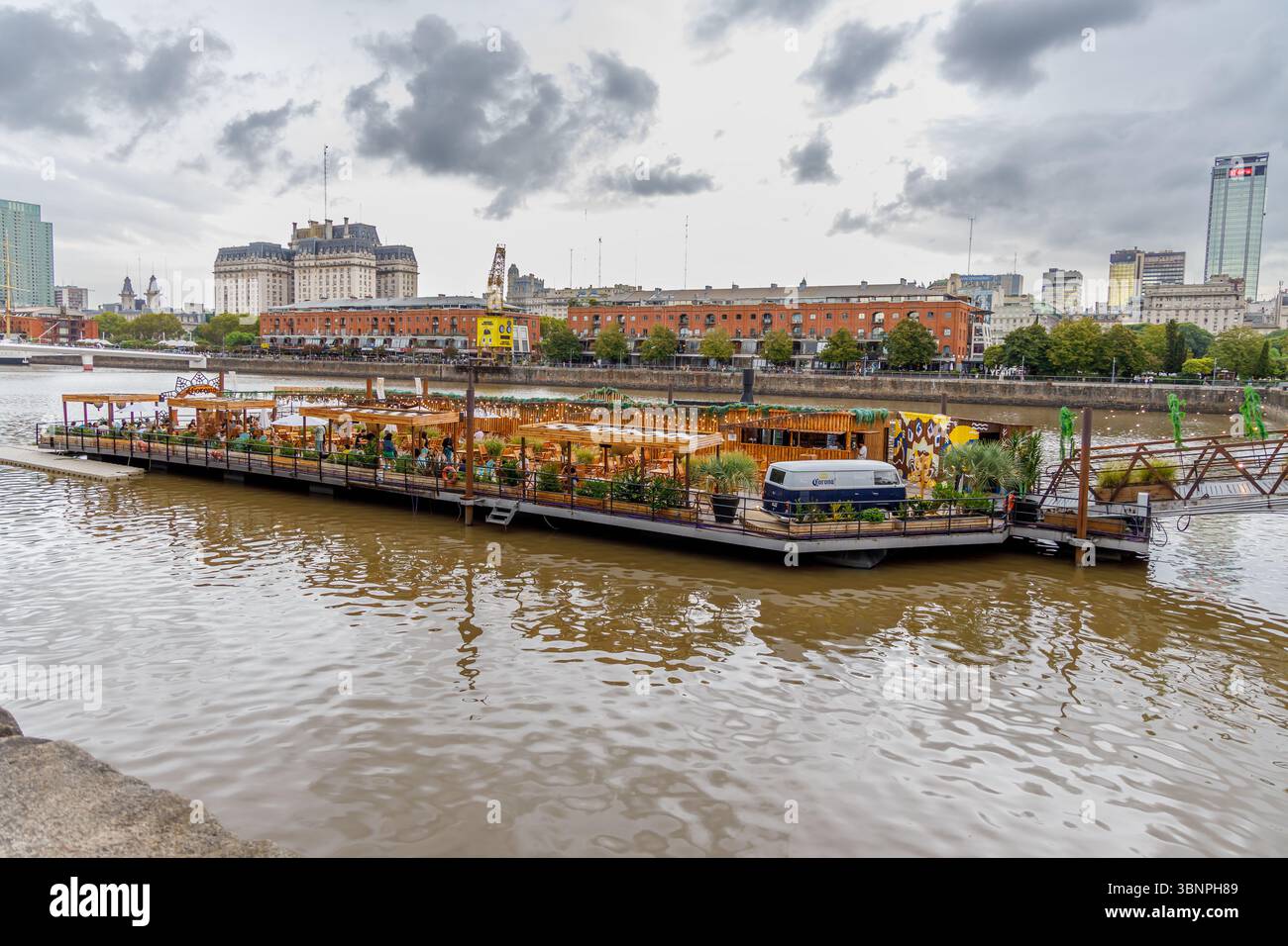 Buenos Aires, Argentina - June 16th, 2025: Floating bar Isla BA in Puerto Madero, Buenos Aires. Stock Photo