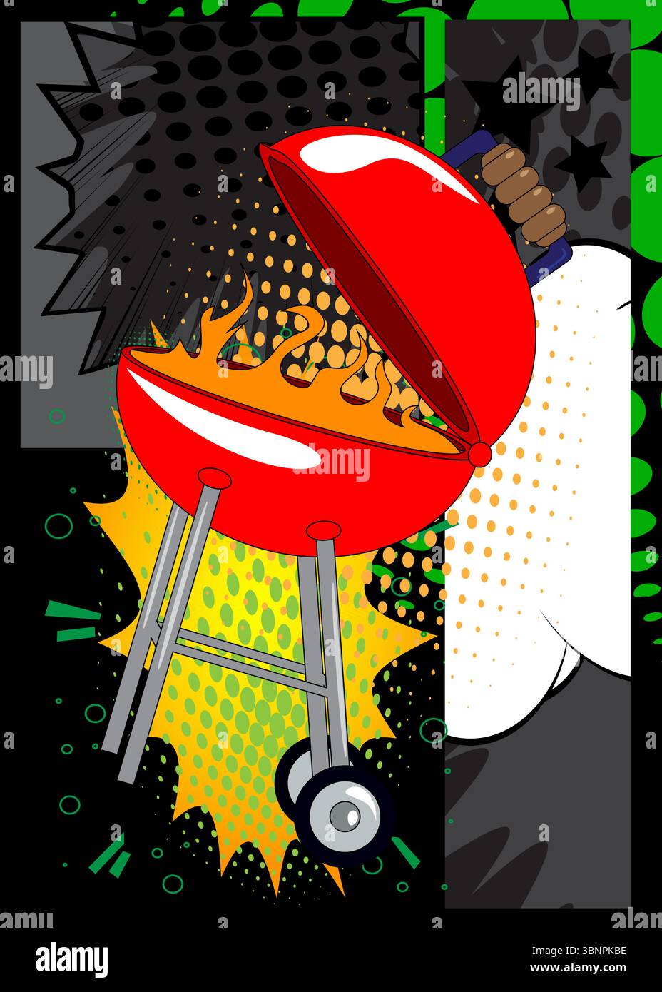 Cartoon burning wood in barbeque grill, comic book Cooking. Retro ...