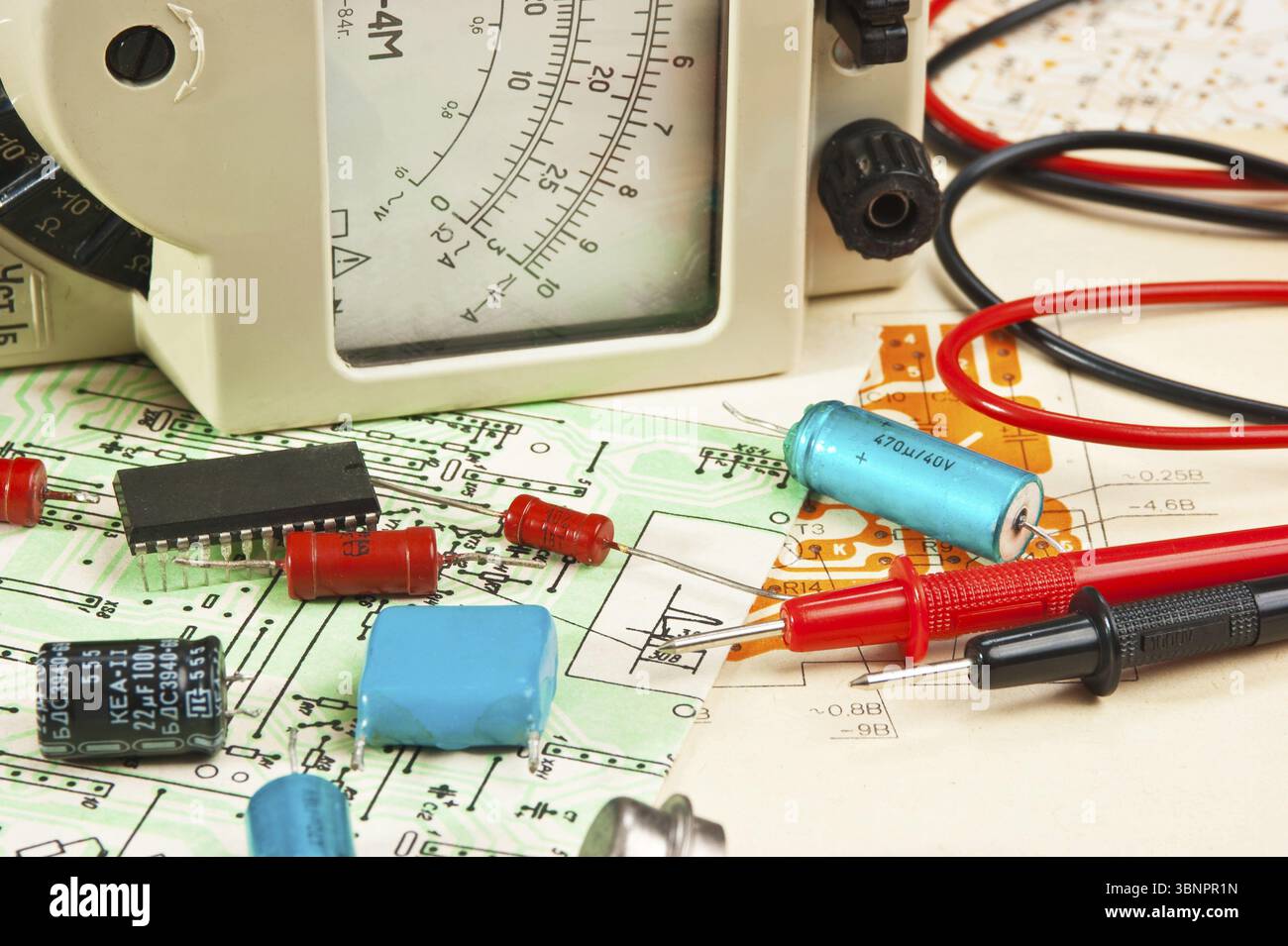 Electric meter and electronic components on circuit Stock Photo