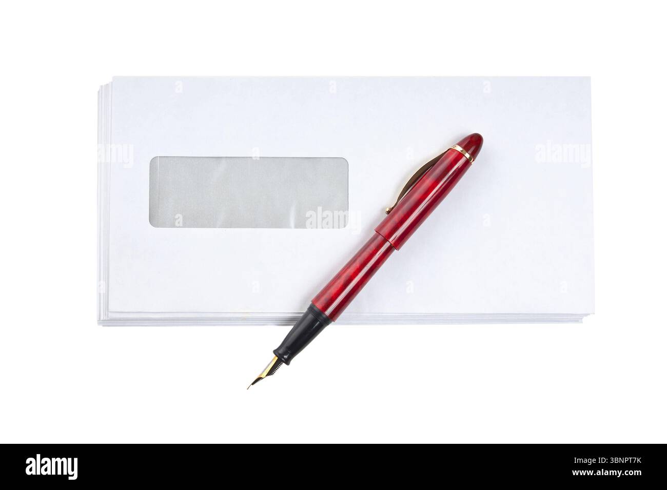 Stack of mail envelopes and a pen isolated on white background Stock Photo
