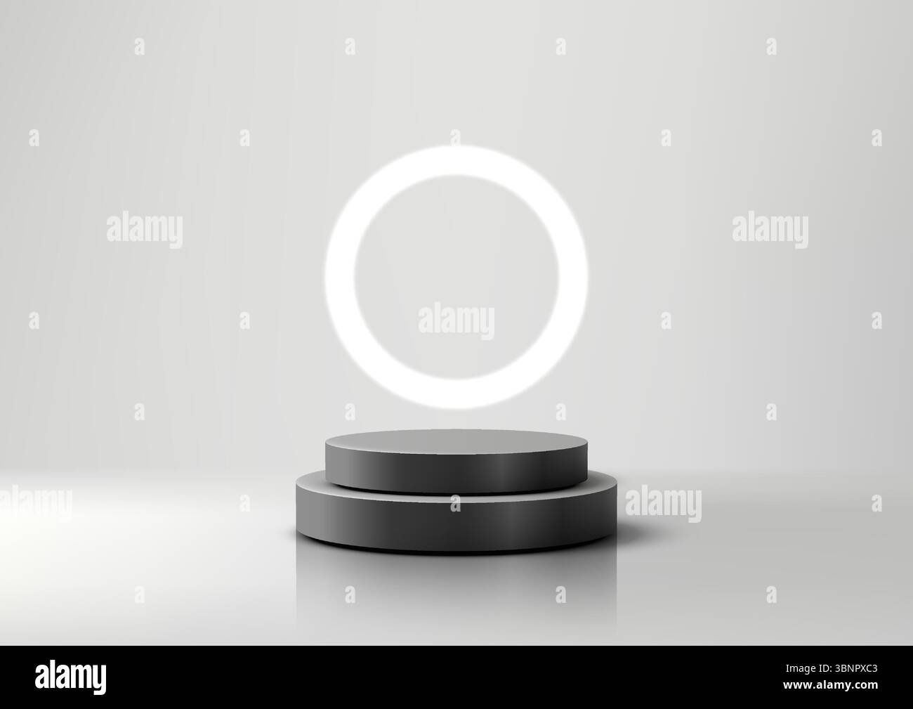 Modern 3D two stacked black cylindrical podiums on a reflective floor ...