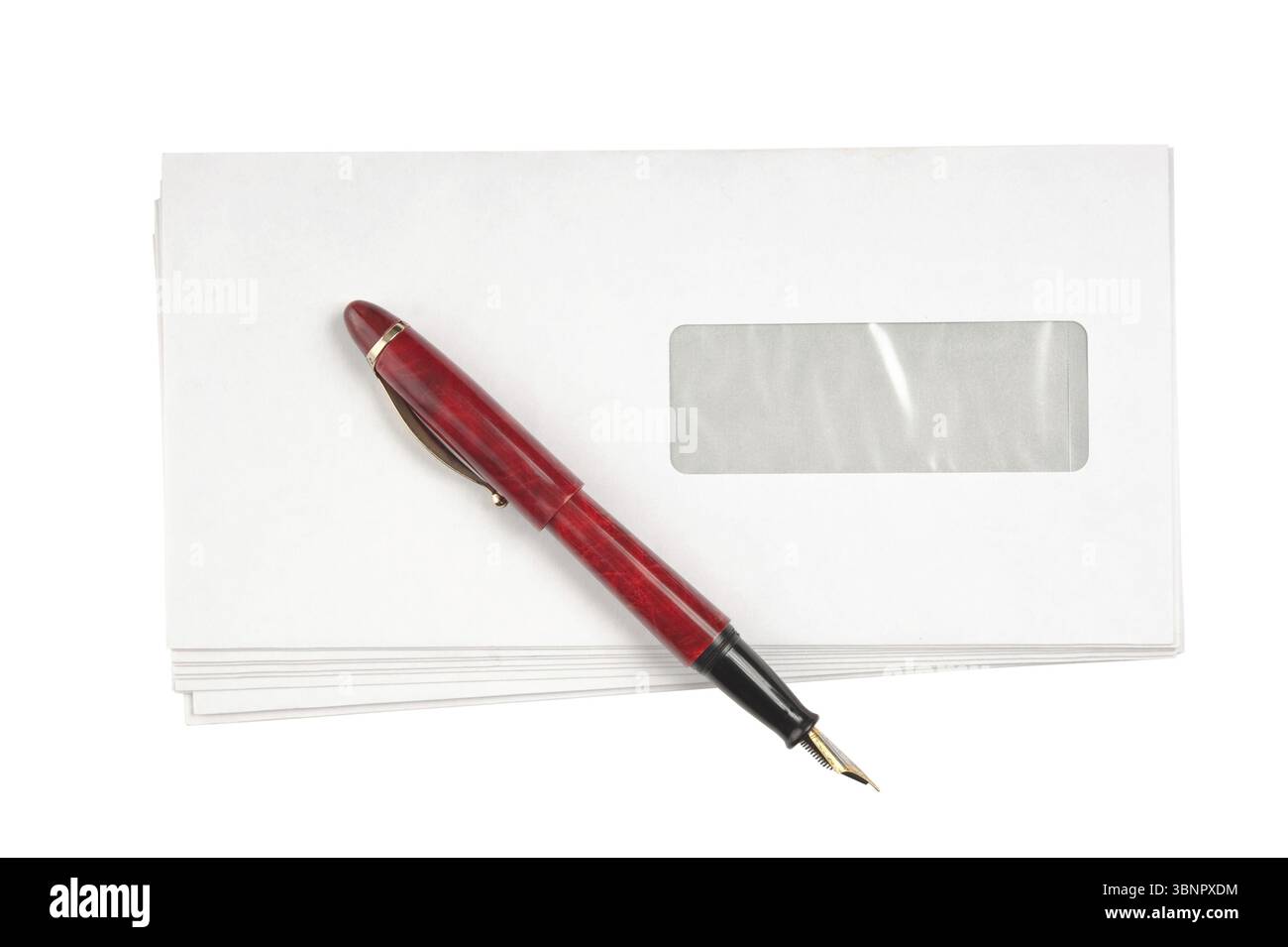 Stack of mail envelopes and a pen isolated on white background Stock Photo