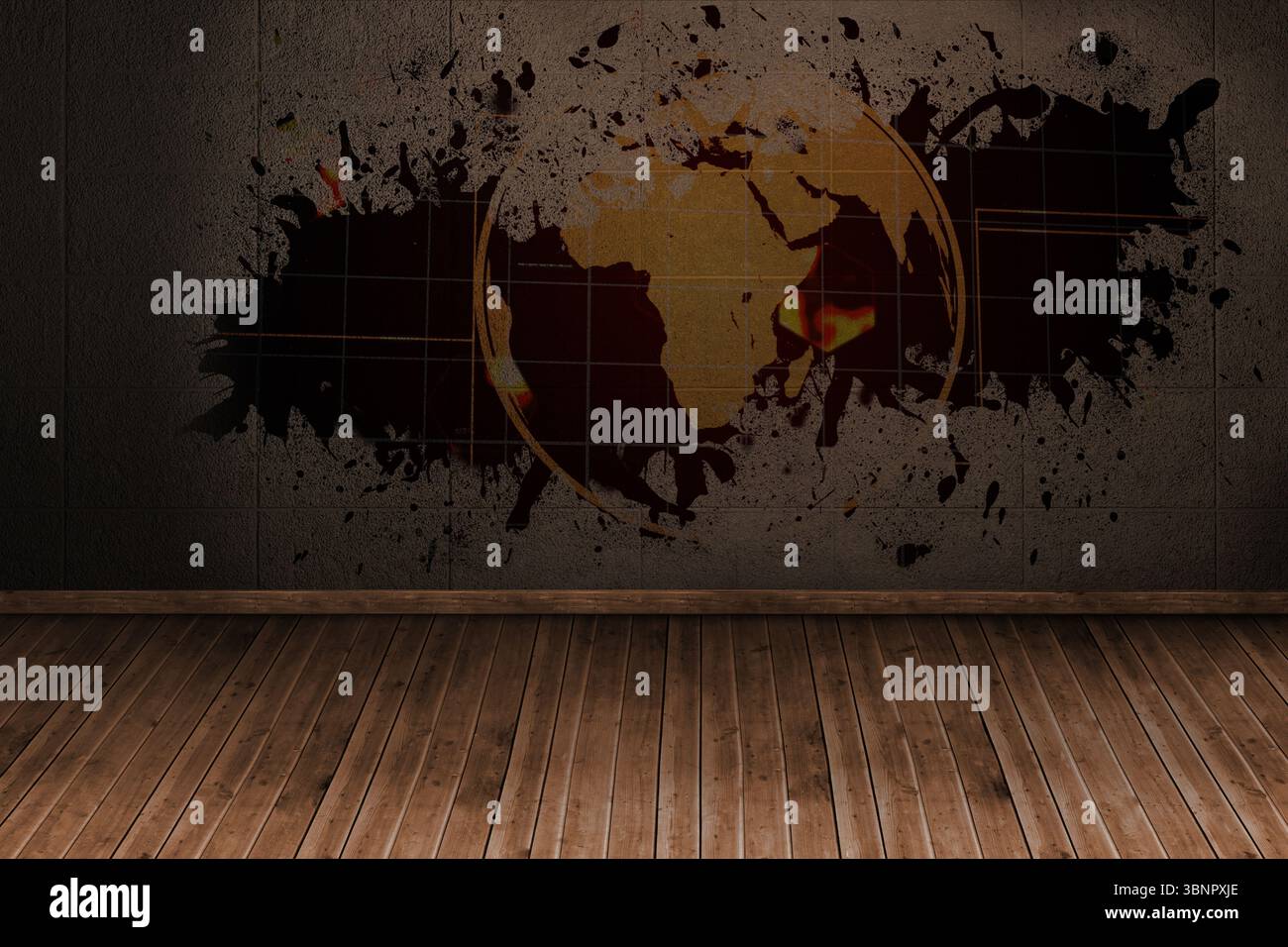 Splash on wall revealing global technology graphic Stock Photo