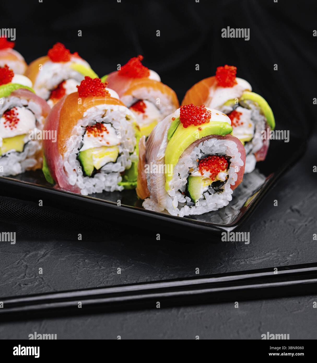 food still-life, Sushi rolls of red tuna with salmon Stock Photo