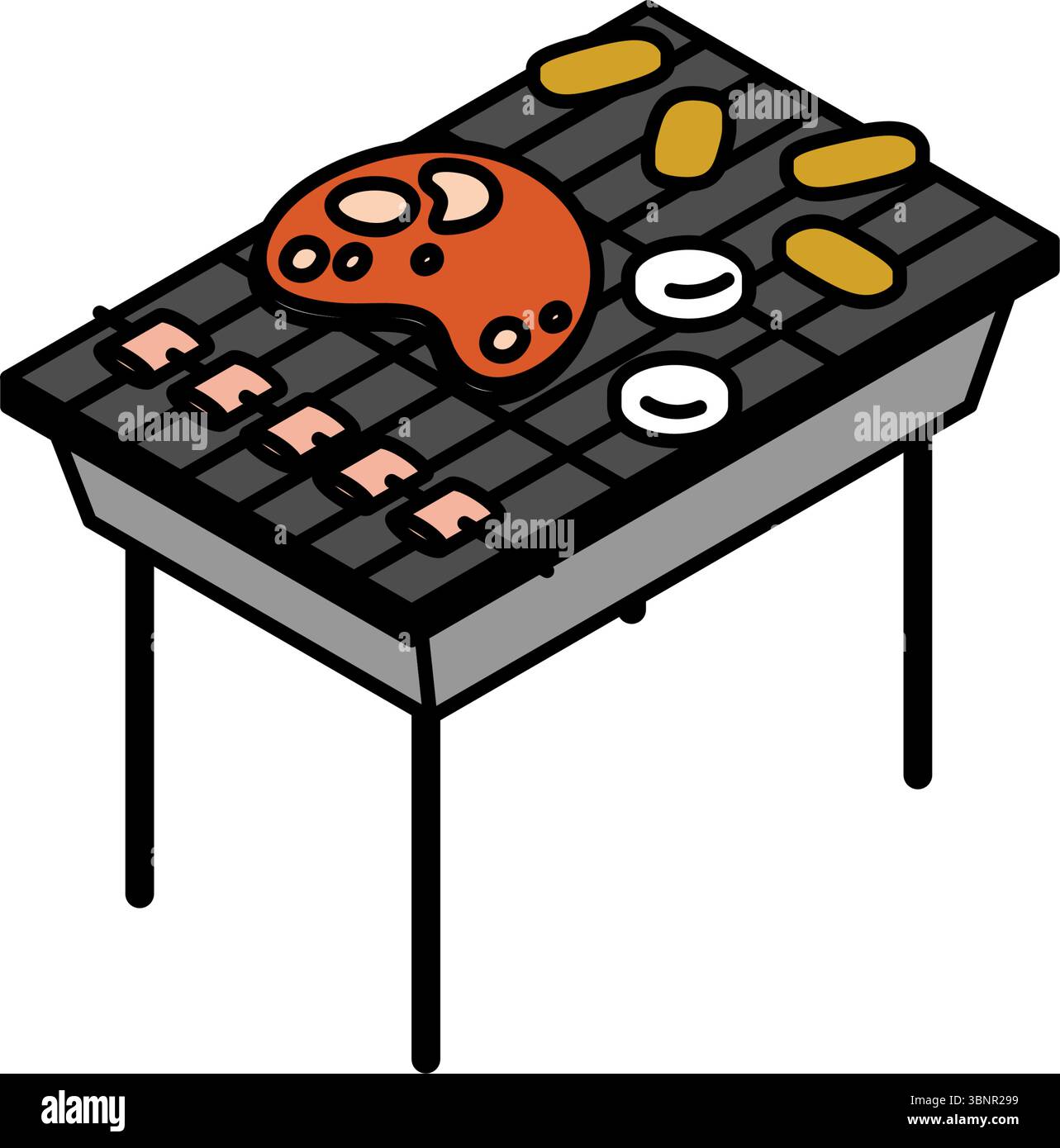 Isometric line art illustration of a barbecue grill with ingredients ...