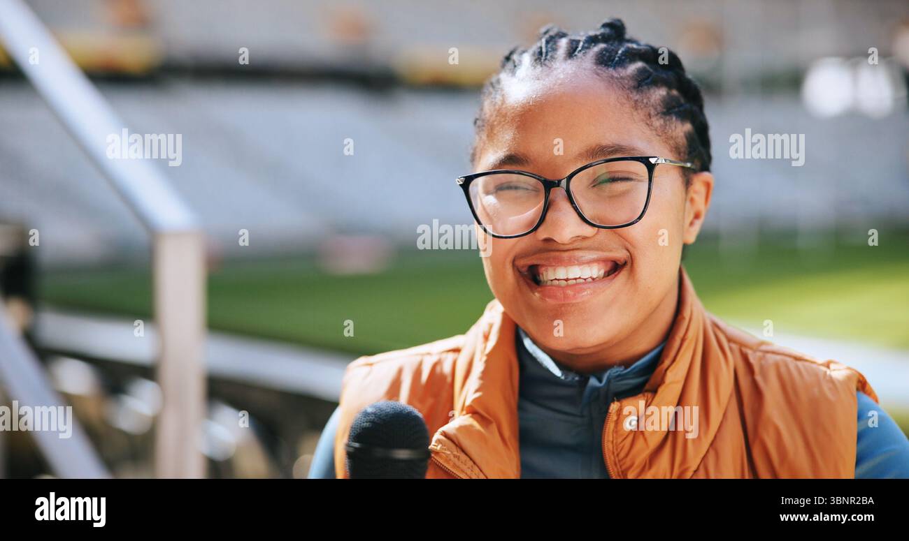 Microphone, portrait and sports presenter in stadium for event ...