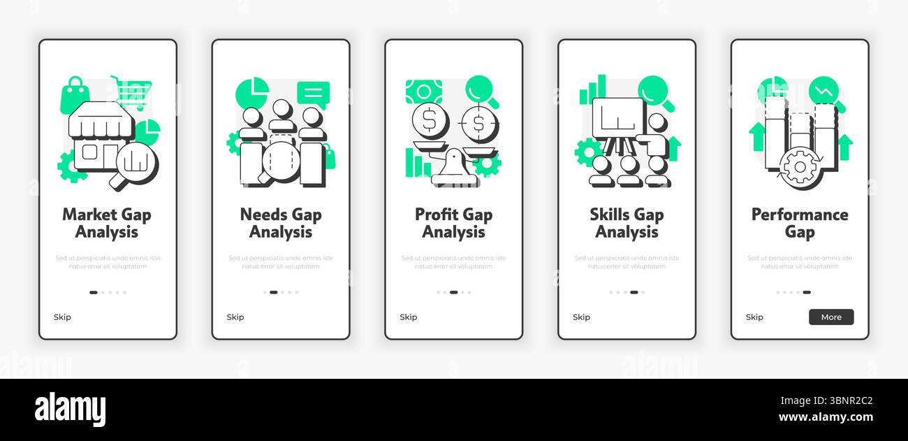 Types of gap analysis mobile onboarding screen Stock Vector