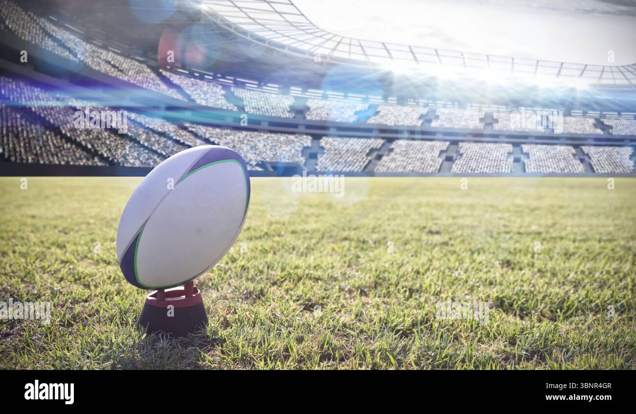 3D render showing rugby ball sitting upright on kicking tee inside ...