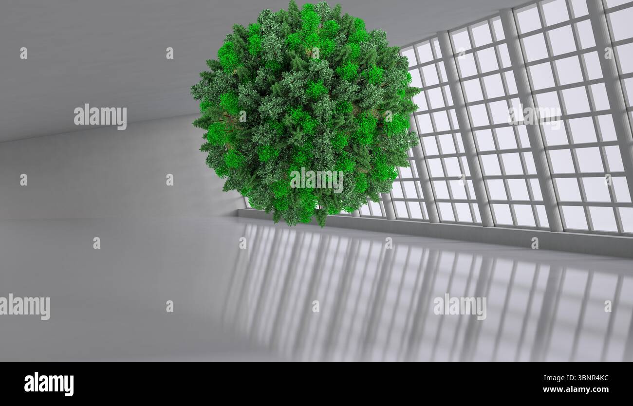 Ball with trees floating in room Stock Photo