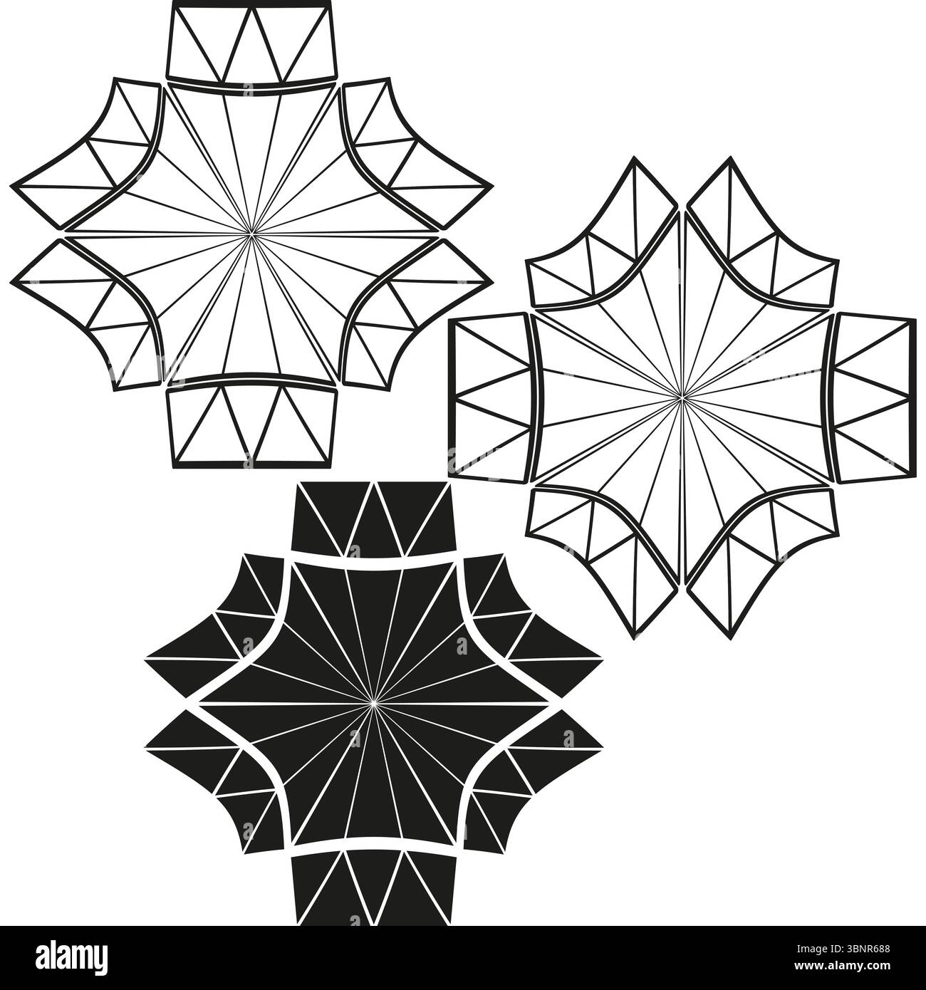 Geometric star icons. Faceted polygon wheels. Angular rosette forms. Vector symmetry set. Stock Vector