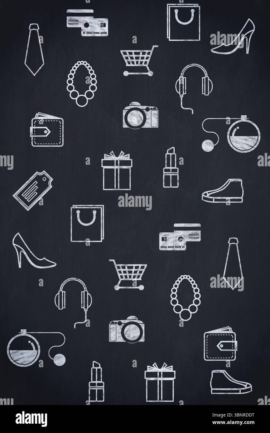 Chalkboard-style background is showing repeating white chalk shopping and fashion icons on surface Stock Photo