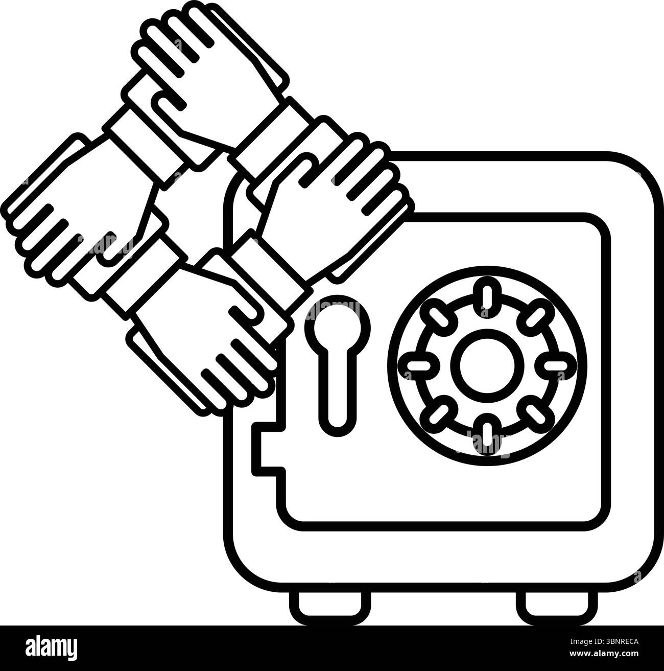 A black and white image of four hands clasping together