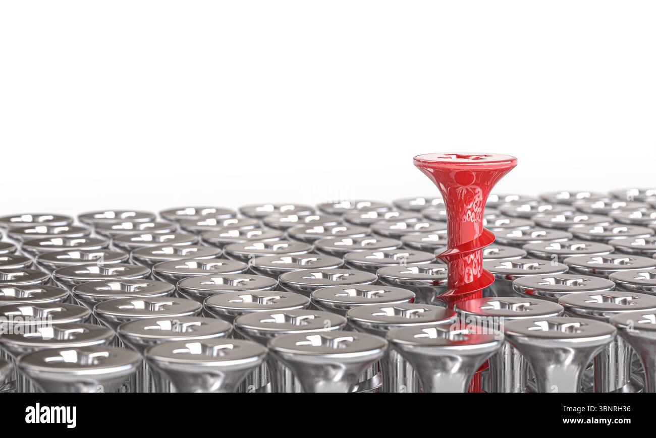 One red screw is standing out from many identical metal  3d Stock Photo