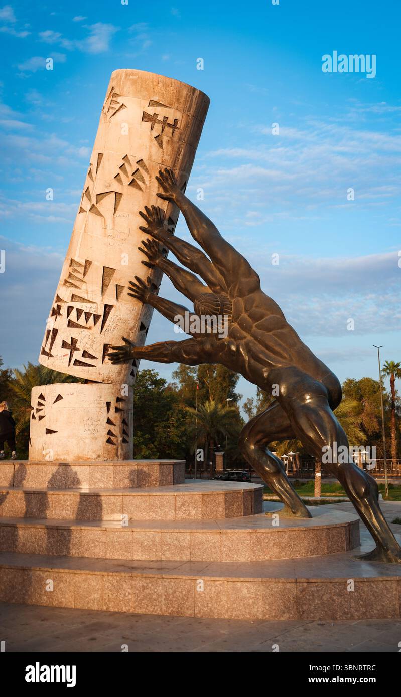 A group of figures depicted attempting to support a monument with intricate carvings, symbolizing cultural preservation struggles in Baghdad