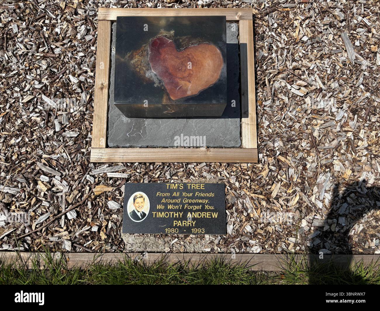 Local residents of Greenway, Warrington memorial to IRA bomb victim Tim Parry. - Smartphone Captured Stock Image