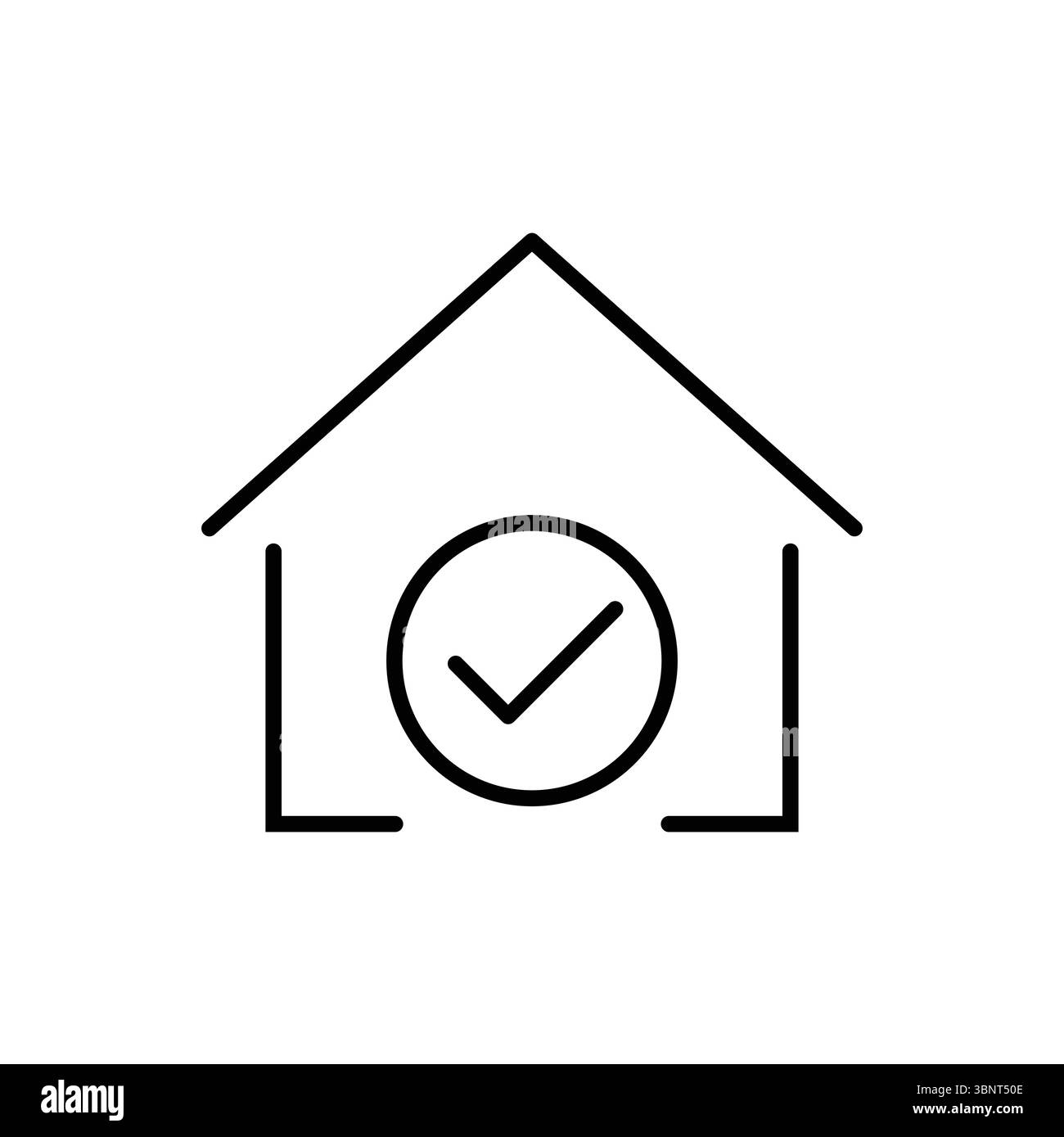 A clean outline vector icon of a house with a checkmark, symbolizing home completion, smart home, or property verification. Stock Vector