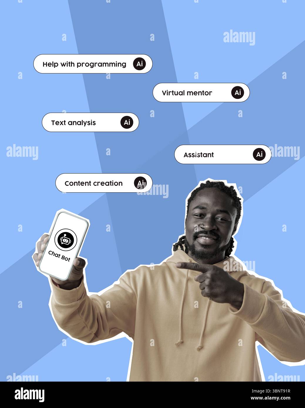 Man holding smartphone showcasing AI chatbot features for programming assistance and content creation Stock Photo