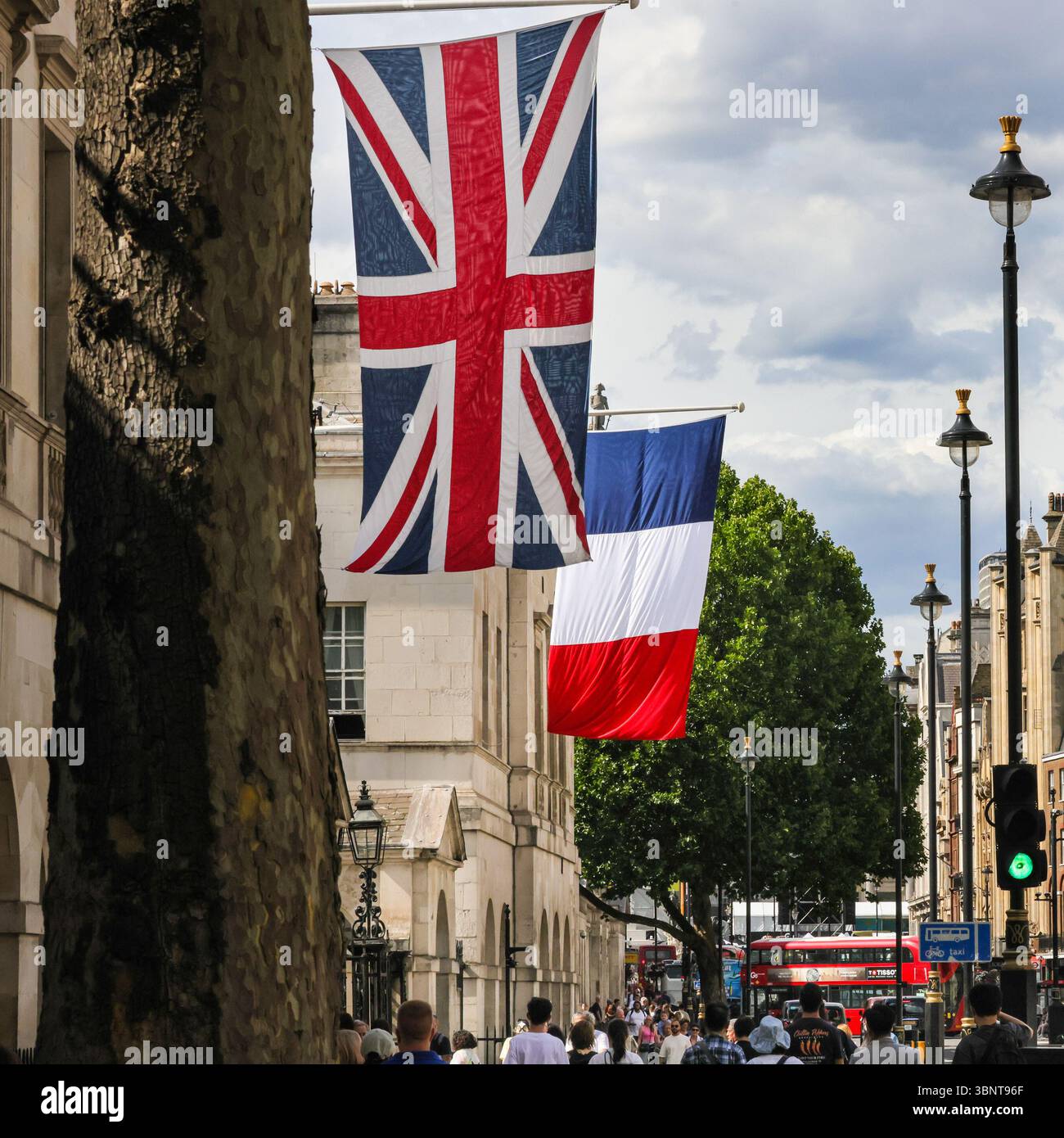 London, UK. 03rd July, 2025. The tricolour National Flag of France has been raised alongside the Union Jack Flag, the national flag of the United Kingdom, outside Horse Guards on Whitehall, in preparation for the State Visit by the President of France, Emmanuel Macron next week. Credit: Imageplotter/Alamy Live News Stock Photo