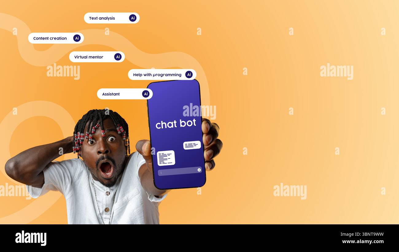 Excitement over innovative chatbot technology for content creation and virtual mentoring Stock Photo