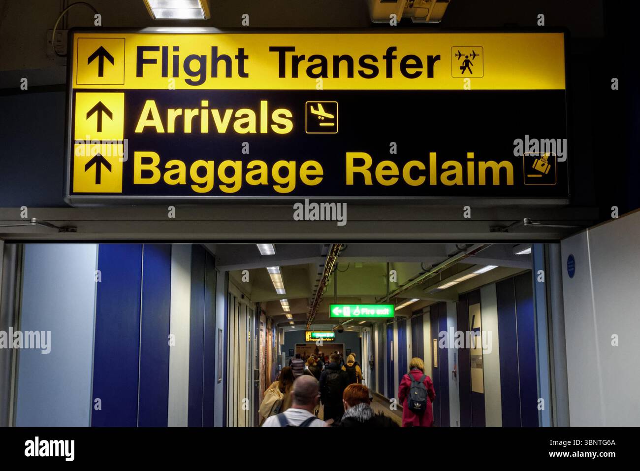 Flight transfer, arrivals, baggage reclaim sign at London Stansted Airport Essex England United Kingdom UK Stock Photo