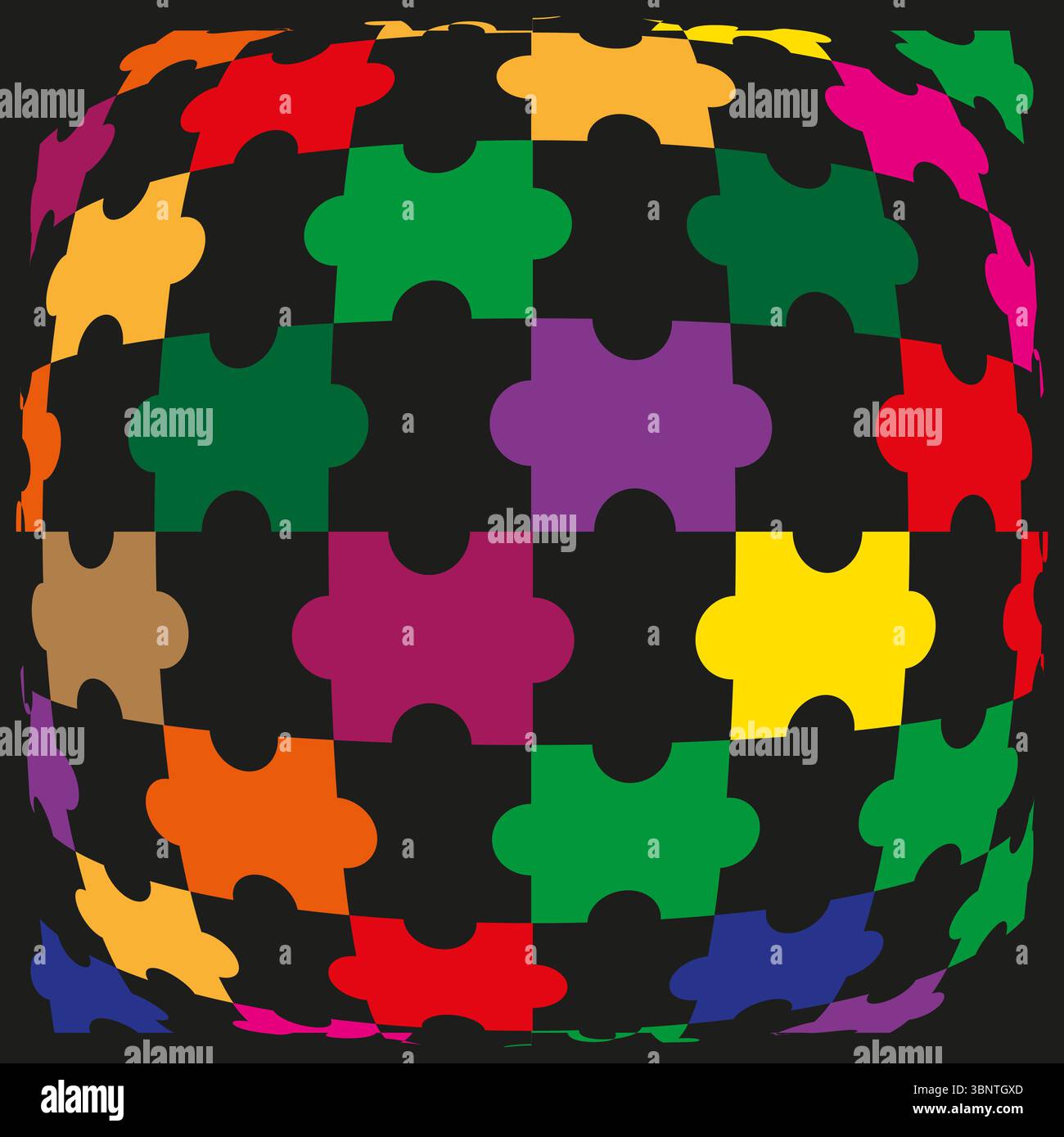 Rounded puzzle globe. Vibrant plus planet. Warp pattern Vector. Dark bubble mosaic. Stock Vector
