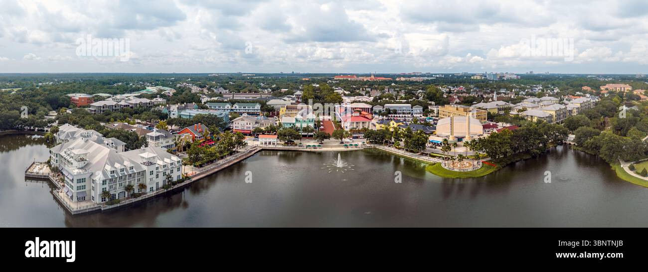 Aerial panoramic view of Celebration, Florida, USA. July 3, 2025. Stock Photo