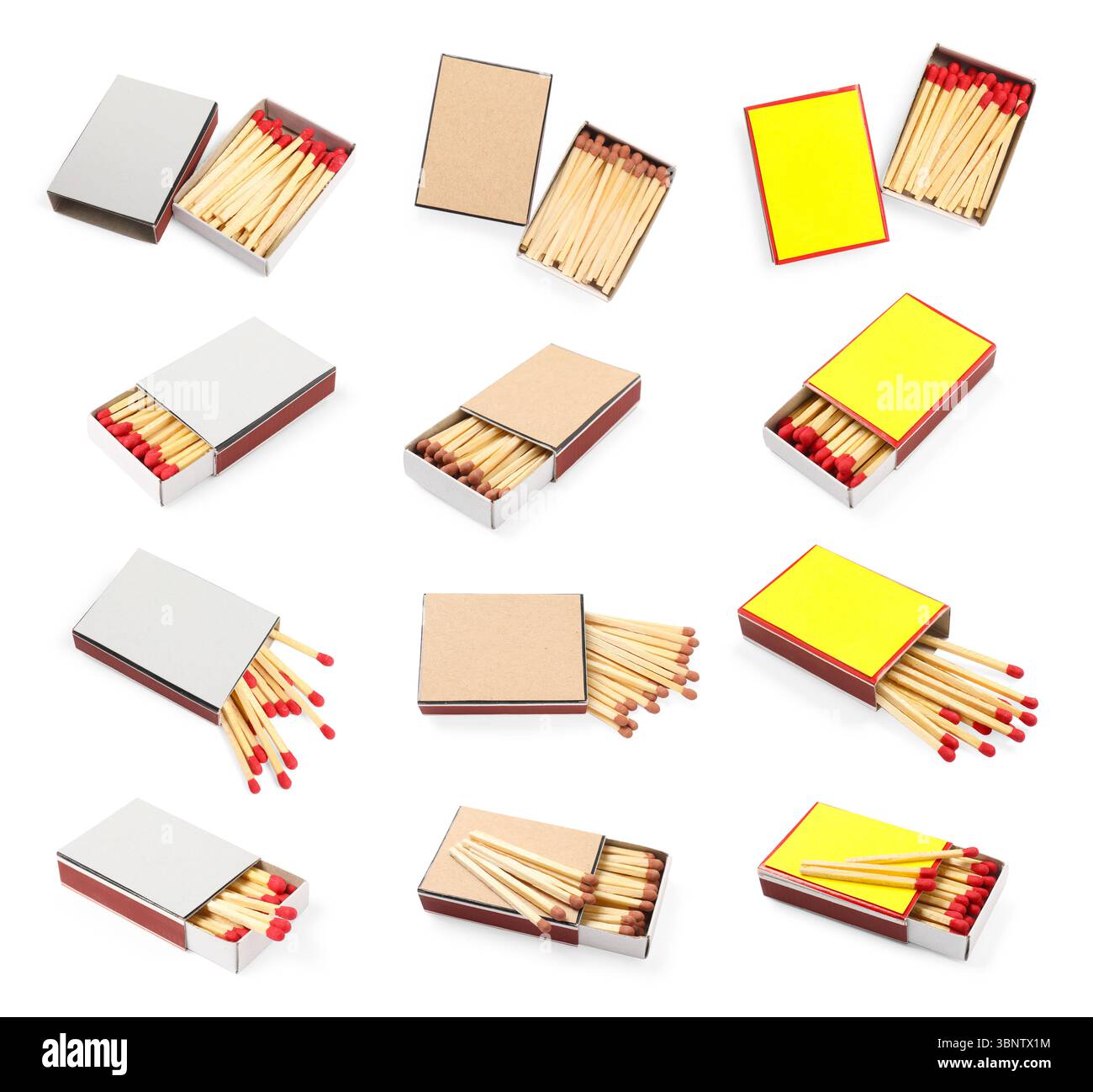 Cardboard boxes with matches on white background, set Stock Photo