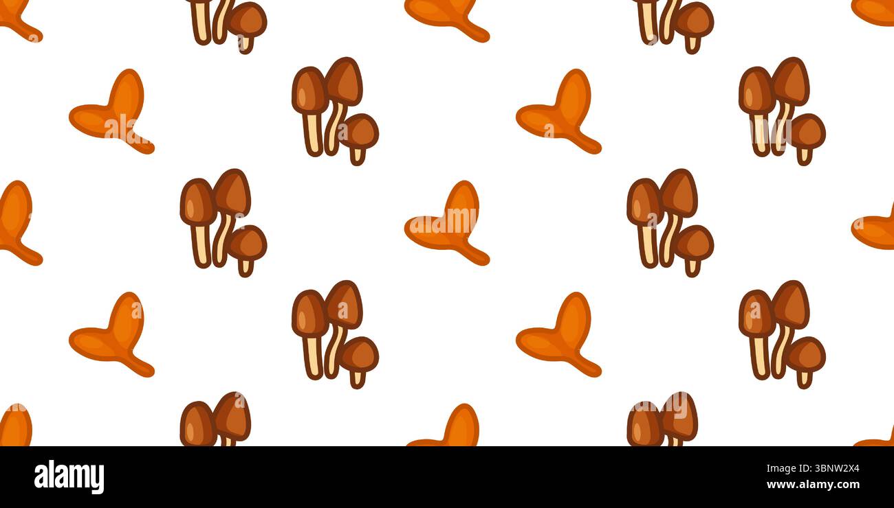Autumn Forest Mushroom Pattern. Seamless pattern with cartoon mushrooms and autumn seeds. Flat illustration in warm orange-brown colors, isolated on w Stock Vector