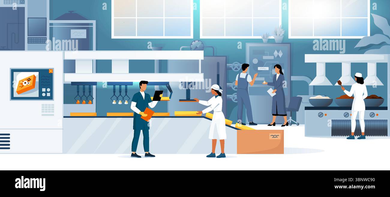 Product factory. Industrial food manufacture. Production conveyor and ...