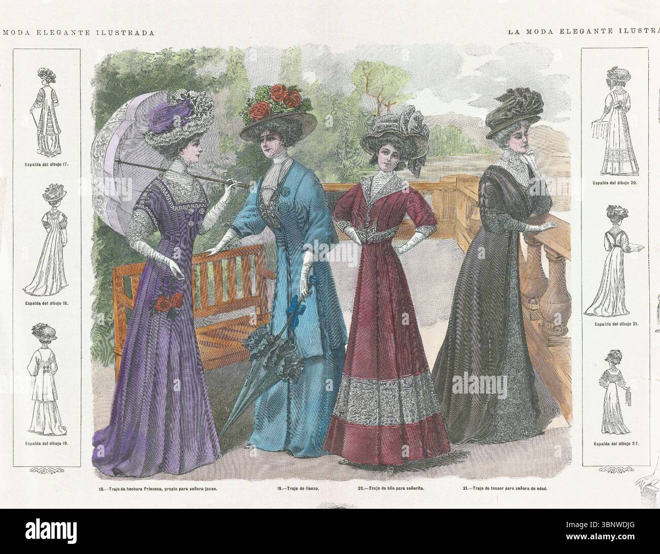 La moda elegante ilustrada, 1908 Espalda del dibujo 17 Four dresses and  matching hats, Print out the Spanish fashion magazine La Moda Chic  ilustrada (about 1860.-1914) . Manufacturer : print maker: anonymous