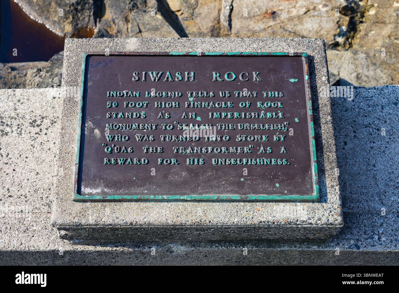 Plaque of Siwash rock, a monolith in the waters of Burrard Inlet on the ...
