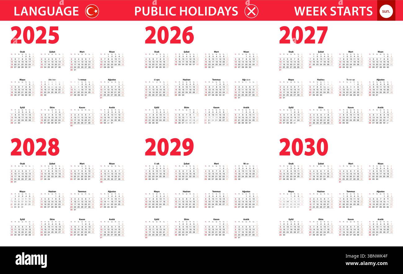 2025-2030 year calendar in Turkish language, week starts from Sunday. Vector calendar. Stock Vector