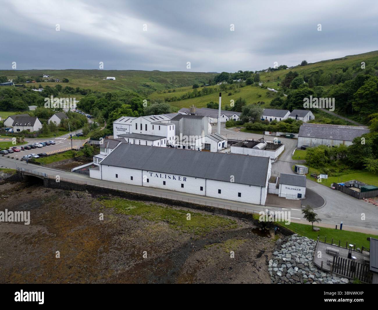 Aerial view of the Talisker Distillery, Carbost, Isle of Skye, Scotland. Stock Photo