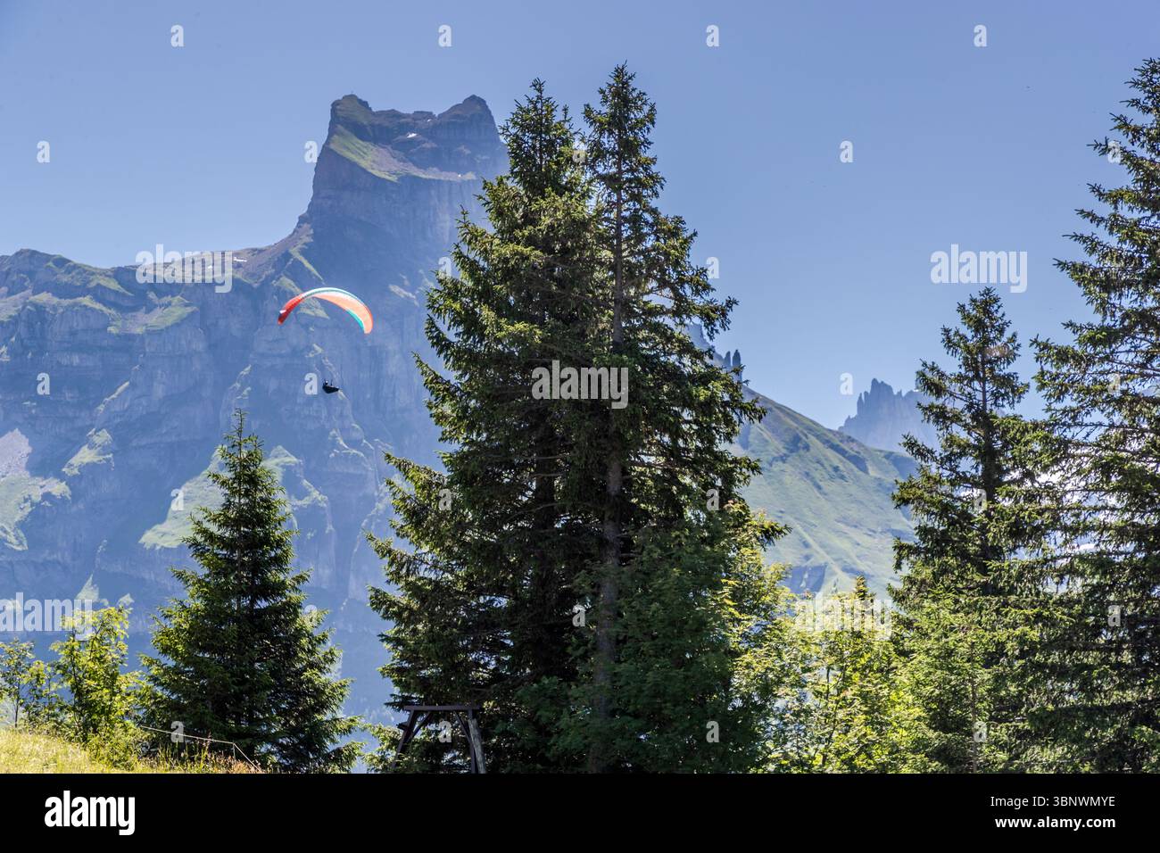 A paraglider soars in front of the imposing mountain backdrop of Engelberg, Obwalden, Switzerland Stock Photo
